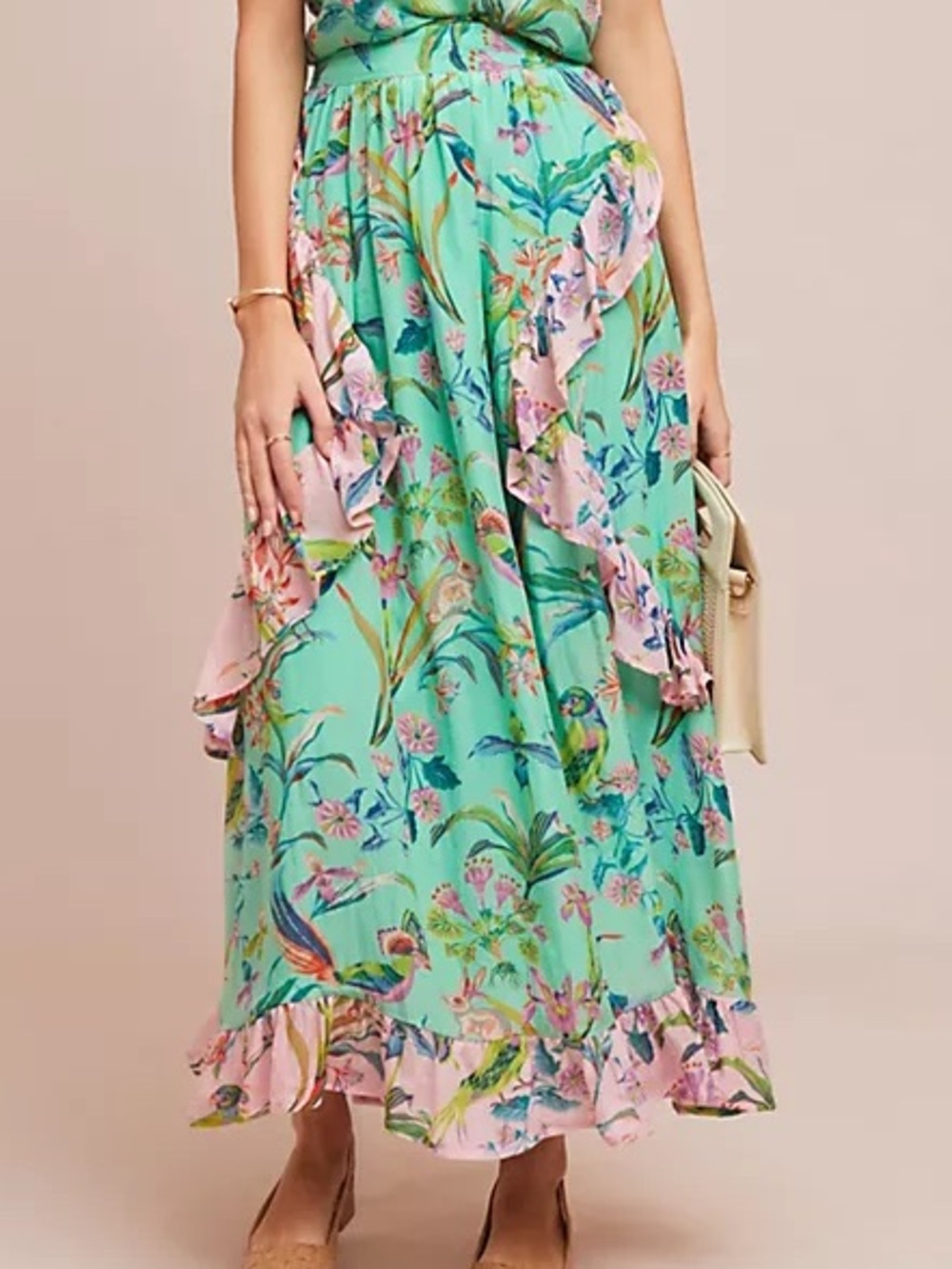 Banjanan Tricia Jade Mughal Maxi Ruffle Floral Skirt Silk Women's XS